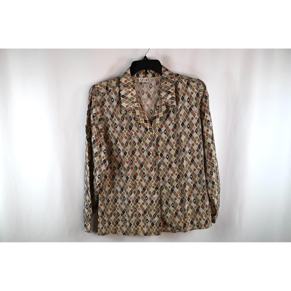 Vintage Stunt Silk Blouse Womens Medium Long Sleeve Collared Diamond Floral Tan
